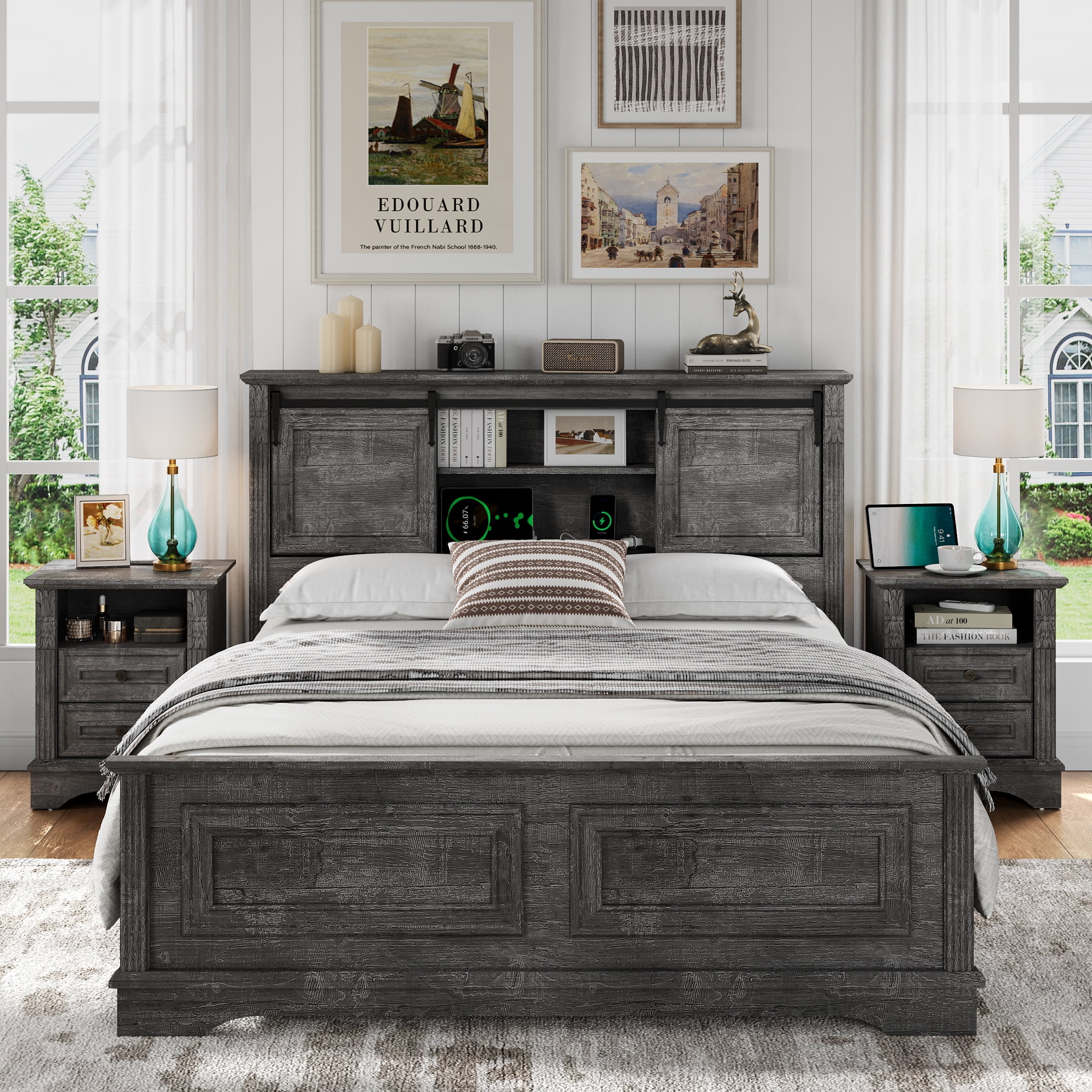 BOSHIRO Queen Size Bed Frame with Charging Station, Farmhouse Headboard with Sliding Barn Doors and Storage, Platform Design with Bracket Footboard, Noiseless, No Box Spring Required, Grey