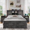 thumbnail image 2 of BOSHIRO Queen Size Bed Frame with Charging Station, Farmhouse Headboard with Sliding Barn Doors and Storage, Platform Design with Bracket Footboard, Noiseless, No Box Spring Required, Grey, 2 of 7