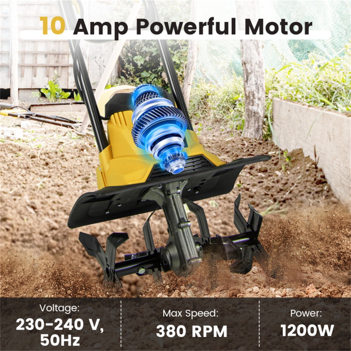 10 Amp Electric Tiller - 1200W Garden Cultivator with 4 Blades 12.5" Working Width & 9" Depth 380 RPM Foldable Handle & Safety Switch Corded Soil Tiller for Home Gardening