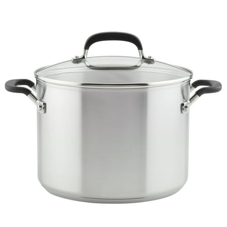 KitchenAid Stainless Steel 8 Quart Induction Stockpot with Measuring Marks and Lid Metal Utensil and Dishwasher Safe, Brushed Stainless Steel