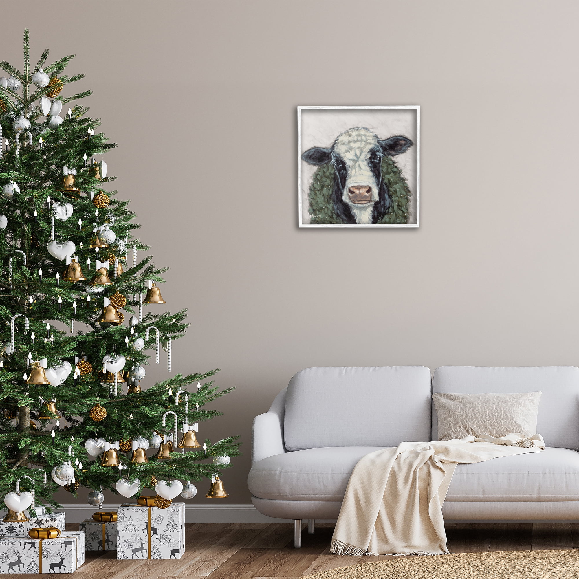 Stupell Industries Spotted Cow with Wreath Holiday Painting White Framed Art Prints Wall Art, 24 x 24