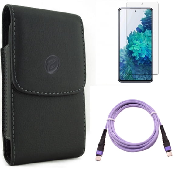 Screen Protector & Purple 10ft PD Cable & Case Belt Clip for Samsung Galaxy S20 Fan Edition - Anti-Glare Tempered Glass   Type-C to USB-C Fast Charger Cord   Leather Holster Combo
