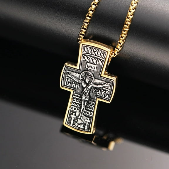 Movie John Wick Jesus Cross 14K Yellow Gold Necklace Crucifix Eastern Orthodox Prayer Big Pendant For Men Women Jewelry Accessories Gifts