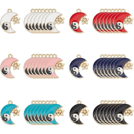 48Pcs 6 Colors Tai Chi Bagua Crescent Moon Star Pendant Moon with Yin Yang Enamel Charms Rack Plating Alloy Pendants