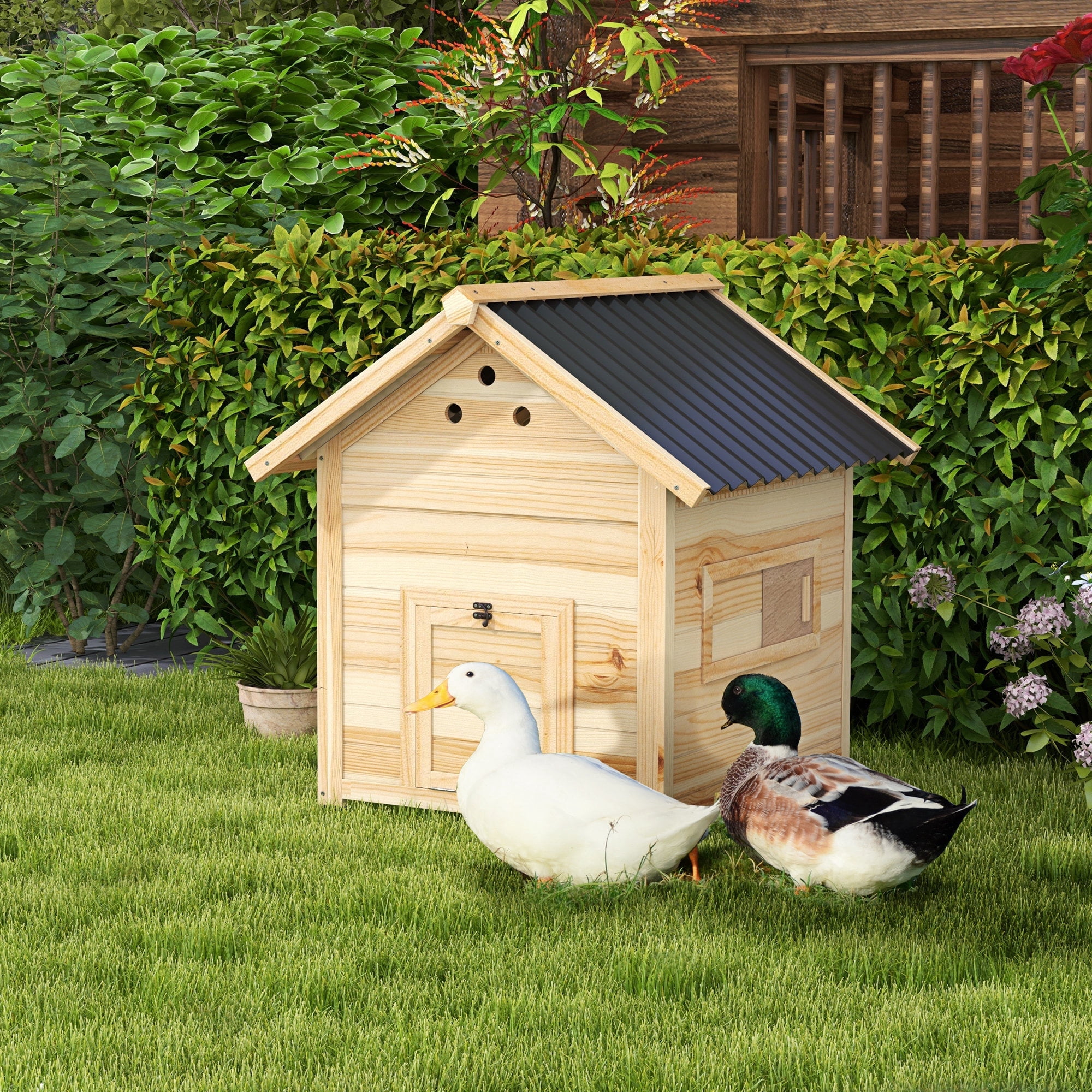 PawHut Duck Coop, Wooden Duck House with Openable Roof & Double Doors, Natural Wood