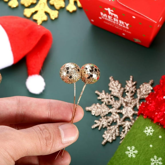 Namzi artificial holly berries, 100 mini 10mm fake berry decorations, used for Christmas tree decoration wreath DIY crafts (champagne gold sequins)