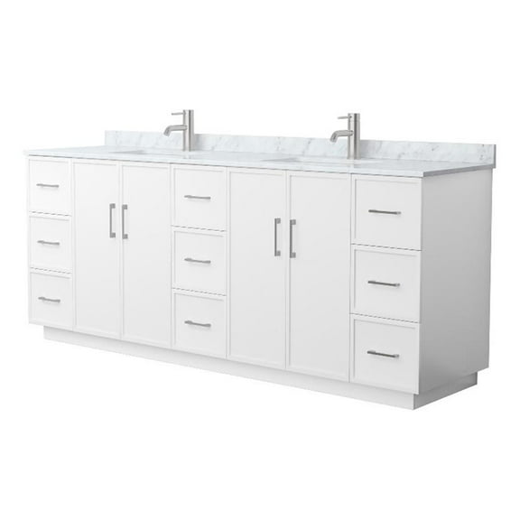 Wyndham Collection WCH747484DWHCMUNSMXX 84 in. Elan Double Bathroom Vanity with Toe Kick in White, White Carrara Marble Countertop - Undermount Square Sink - Brushed Nickel Trim