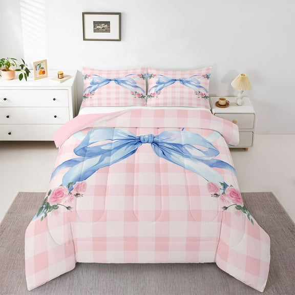 Homewish Girls Watercolor Ribbon Bedding Comforter Set, Romantic Rustic Rose Twin Comforter Sets, Pink Plaid Artwork Reversible Bedding Set, Breathable Home Decor, 2 Pieces