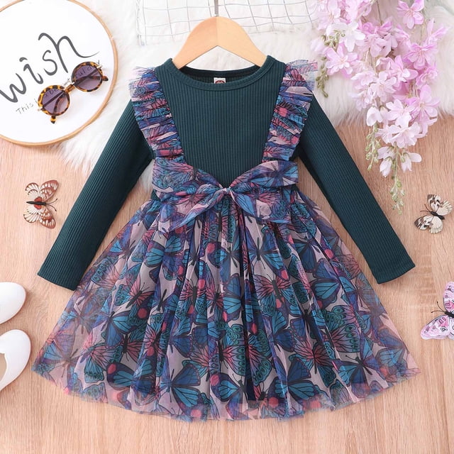 LSLJS Spring Toddler Baby Girl Flower Mesh Bowknot Long Sleeve Dress Princess Dress, Baby Outfits