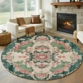 thumbnail image 2 of Round Rugs 8 Ft, Pink Green Boho Non Slip Area Rugs for Kitchen Bedroom Entryway, Abstract Medieval Vintage Ethnic Floral Washable Carpet Runner Rug Floor Mats for Bedroom Home Decor, 2 of 9