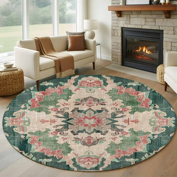Pink Green Boho Round Rug 5ft Washable Circle Kitchen Rugs Non Slip Abstract Medieval Vintage Ethnic Floral Large Area Rug Indoor Floor Carpet for Bedroom Living Room Home Office Dining Room Nursery