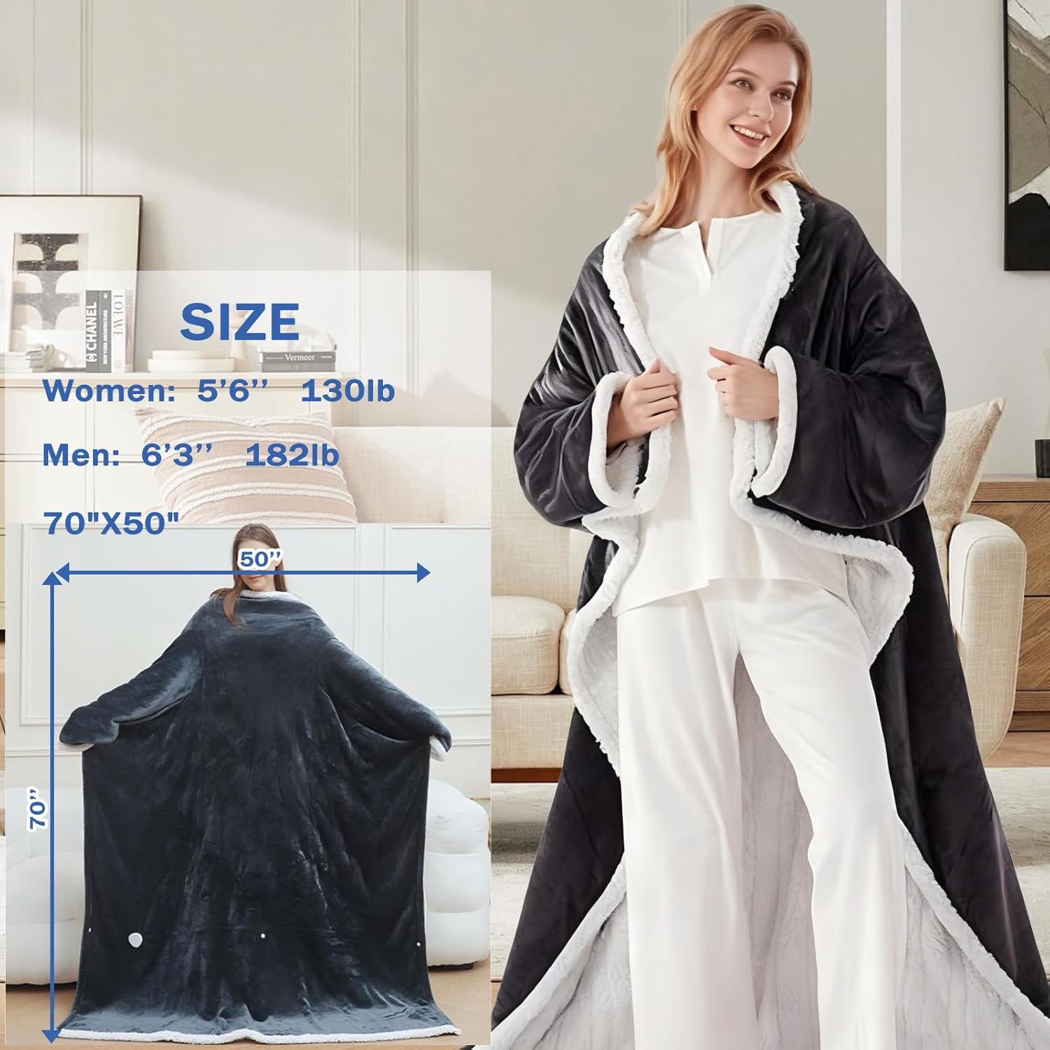 Heated Wearable Blanket with Feet, 2026 Upgrade Heated Wearable Blanket, 50"X70" Electric Blanket Heated Robe for Home, 10 Heating Levels Robe Snuggie Blankets for Mom(Grey)