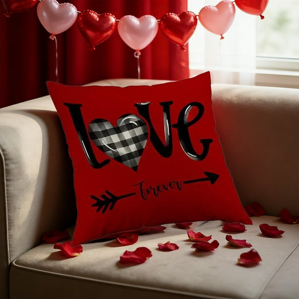 Funda de cojín con estampado de corazones para San Valentín | Cojín de lino para sofá de 45 x 45 cm | Decoración festiva para salón y dormitorio