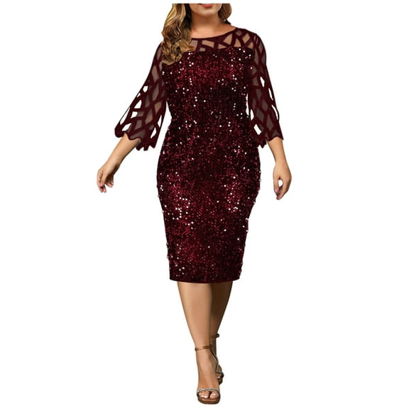LYXSSBYX Women Plus Size Clearance Fashion Women Plus Size Long Sleeve Solid Splicing Perspective Sequin Dress