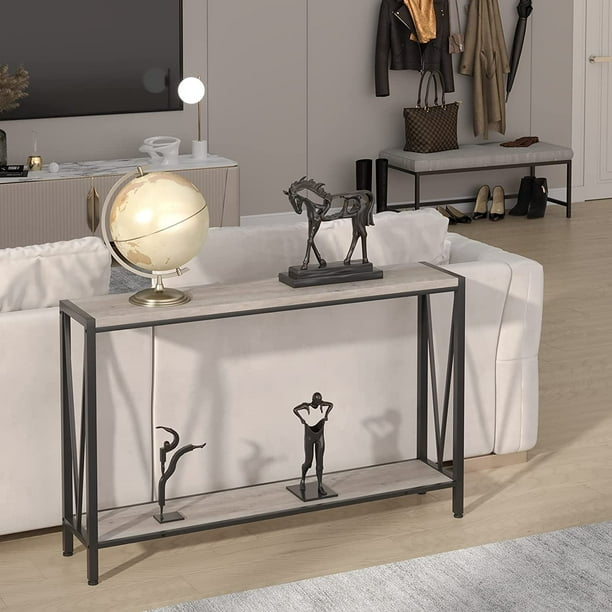 ChaoLink Mesa consola gris, mesa de recibidor gris de 42.9" con almacenamiento, mesa larga estrecha de madera y metal de 2 niveles para sofá, mesa detrás del sofá