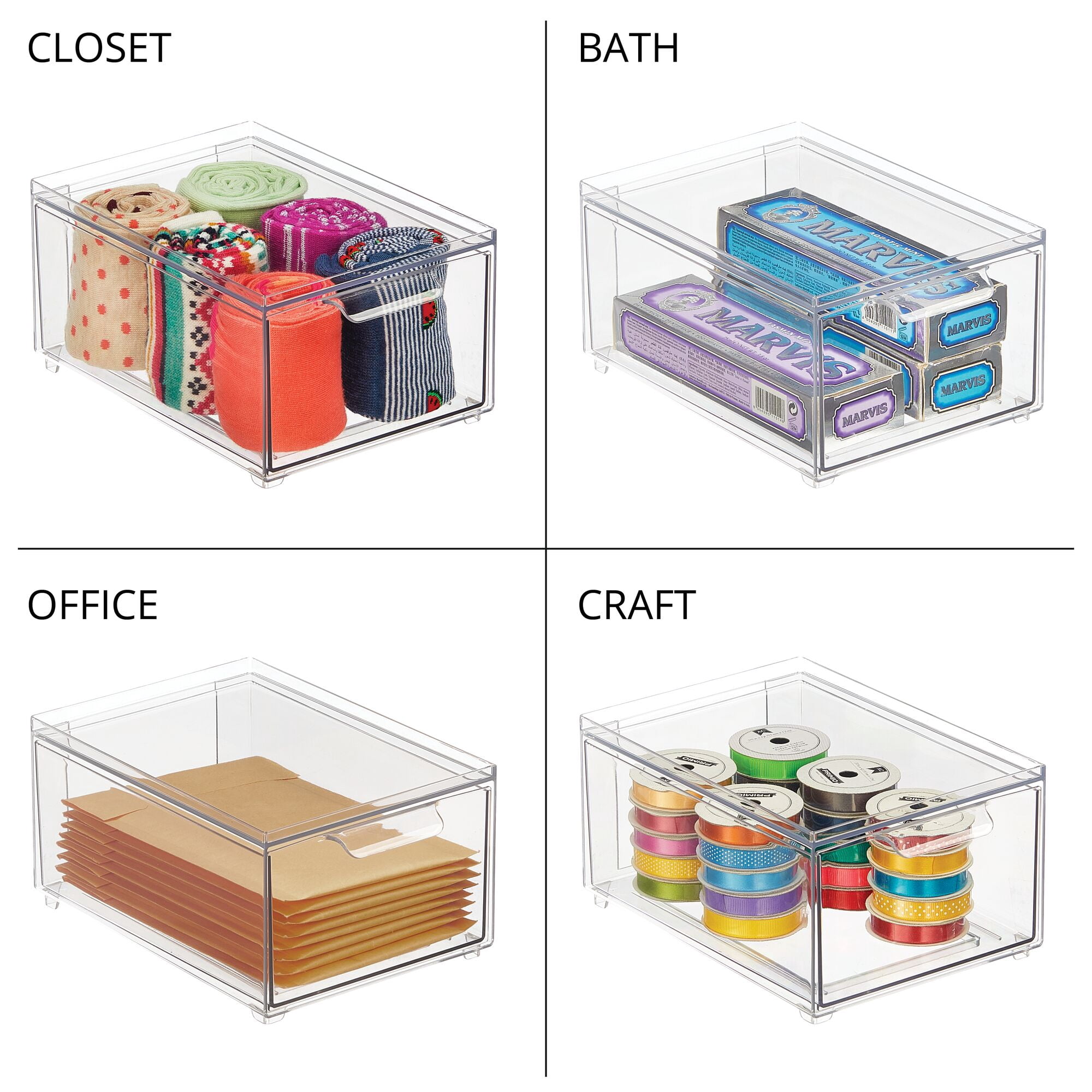 mDesign Stacking Plastic Storage Kitchen Bin with Pull-Out Drawer, 2 Pack, Clear