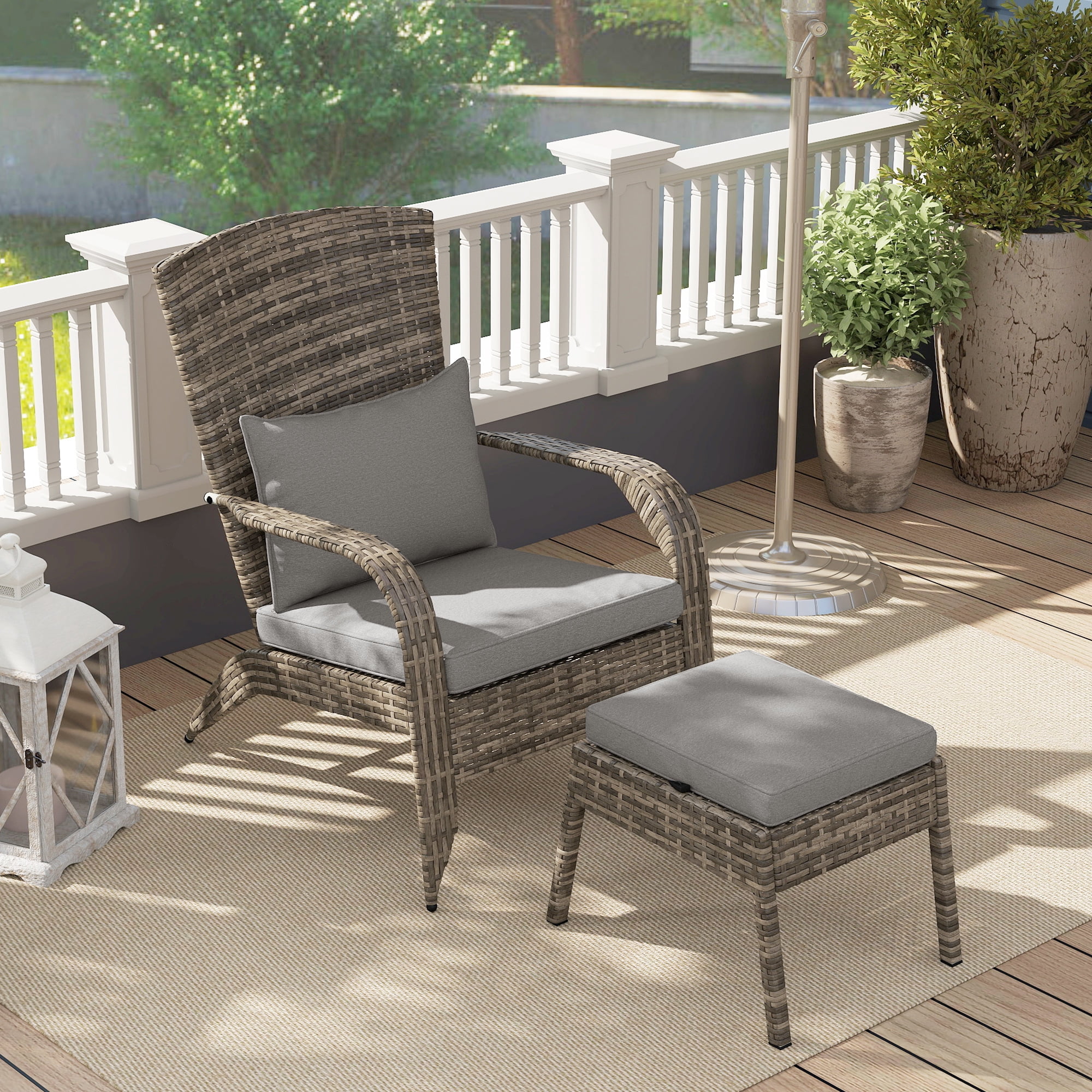 Patio Wicker Adirondack Chair with Ottoman, Outdoor Fire Pit Chair with Cushions, High-Back, Large Seat & Armrests for Deck, Garden & Backyard, Gray