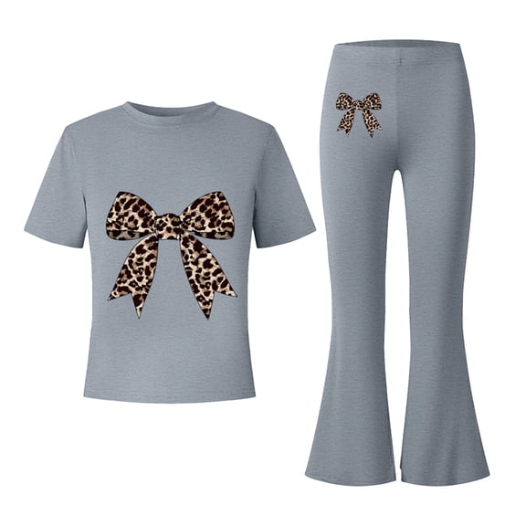 UACY Girls Fashion Clothes Leopard Bow 2 Piece Outfits Kids Cute Clothing Sets Short Sleeve T Shirt Matching Flare Pants Set (Grey, 2-3 Years)