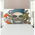 thumbnail image 1 of Skull Headboard, Illustration of Sailor Old Skull with Beard Mascot Nautical Theme Skeleton Life, Upholstered Decorative Metal Bed Headboard with Memory Foam, Twin Size, Multicolor, by Ambesonne, 1 of 4