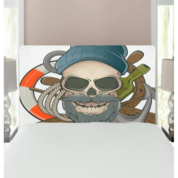 Skull Headboard, Illustration of Sailor Old Skull with Beard Mascot Nautical Theme Skeleton Life, Upholstered Decorative Metal Bed Headboard with Memory Foam, Twin Size, Multicolor, by Ambesonne