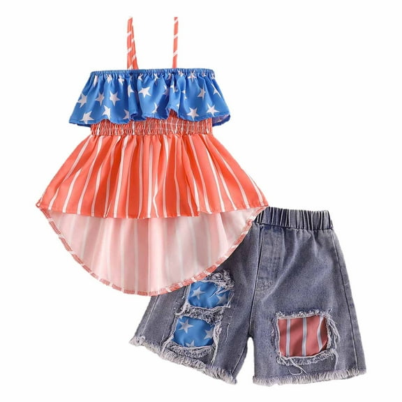 Gubotare Toddler Baby Girl 4th of July Outfit, USA Flag Halter Top Dress Denim Shorts Summer Clothes Set 24 Months 2T 3T 4T 5T 6T,Blue 2-3 Years