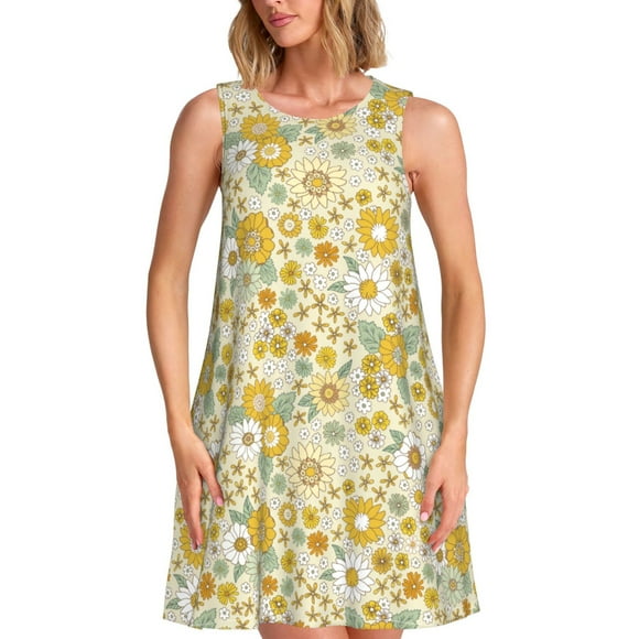 Vsdgher Cute Sunflower Print Summer Dresses for Women Casual U Neck Beach Dress Sleeveless Tank Loose Sundress with Pocket