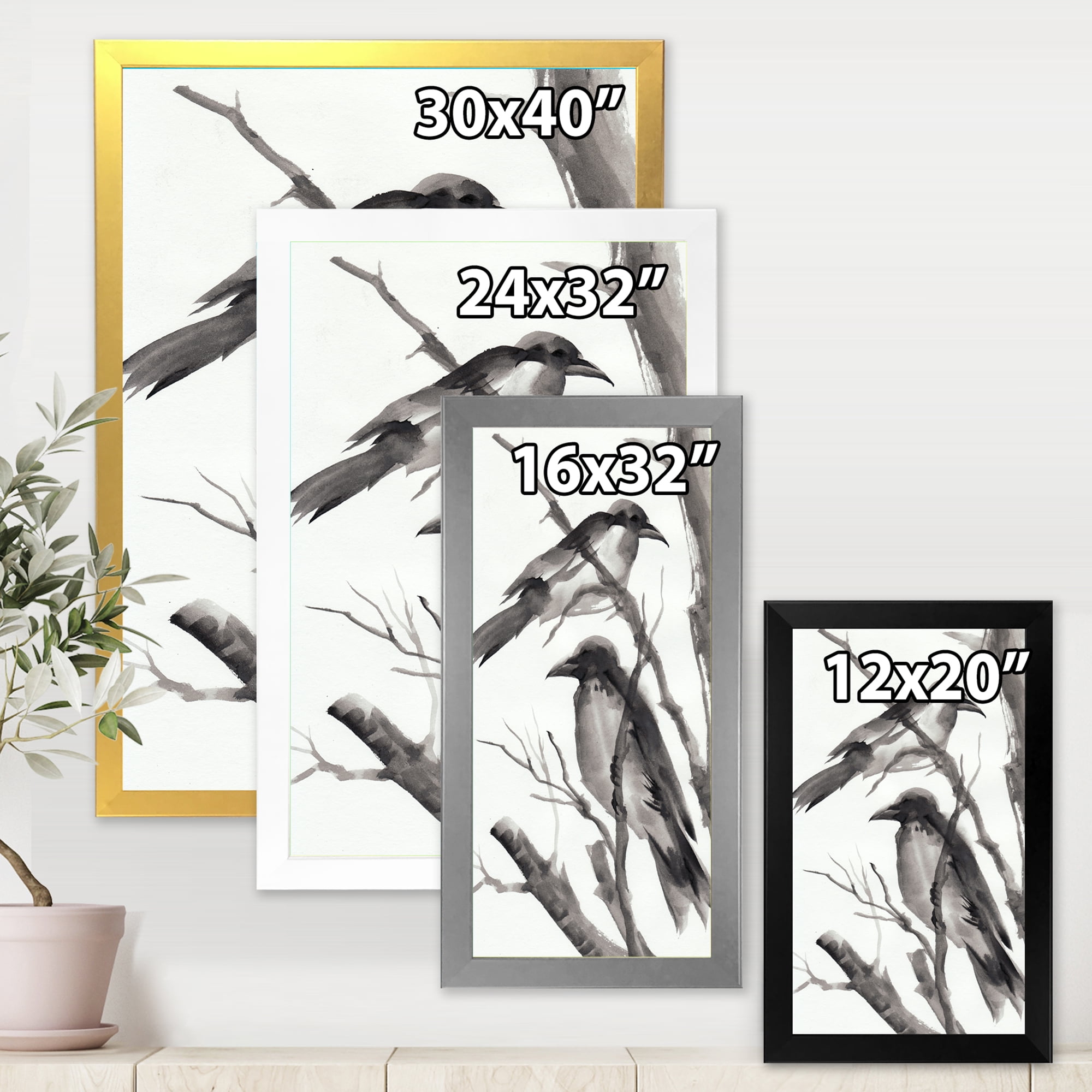 Designart 'Vintage Black and White Sleeping Crows' Traditional Framed Art Print
