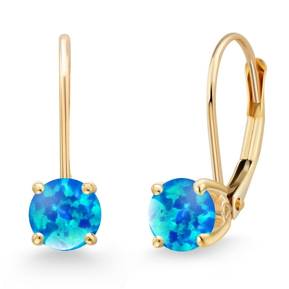 Gem Stone King 14K Yellow Gold Simulated Blue Opal Earrings for Women | 1.00 Cttw | Gemstone October Birthstone | Round Cabochon 5MM
