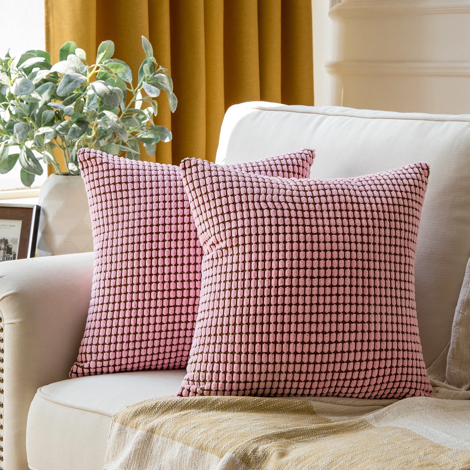 Phantoscope Soft Corduroy Corn Stripe Decorative Throw Pillows with Inserts, 20 x 20 in, Light Pink, 2 Pack