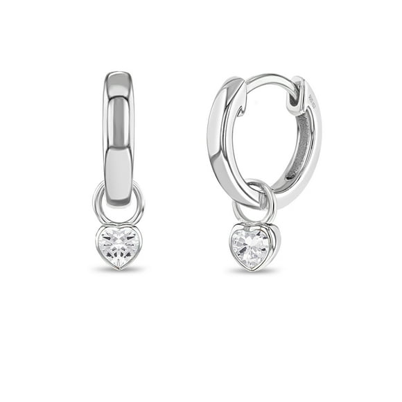 925 Sterling Silver Petite Simulated Diamond Heart Charm Hoop Earrings For Girls