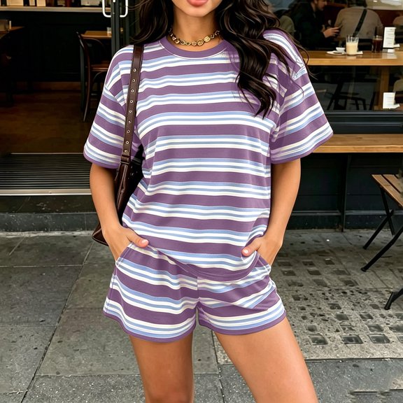 Striped Two Piece Short Set For Women, Oversized Short Sleeve T Shirt & Casual Shorts Matching Outfit, Comfy Loungewear Summer Beach Travel Set, Trendy Airport Outfit Purple XL