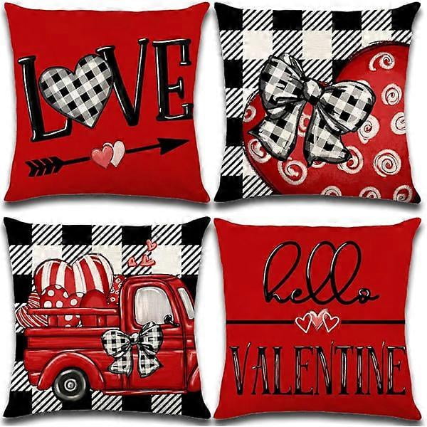 Valentine's Day Decorations - Pillow Covers 18x18 inch Set of 4, Valentine's Day Linen Pillowcases with Red Buffalo