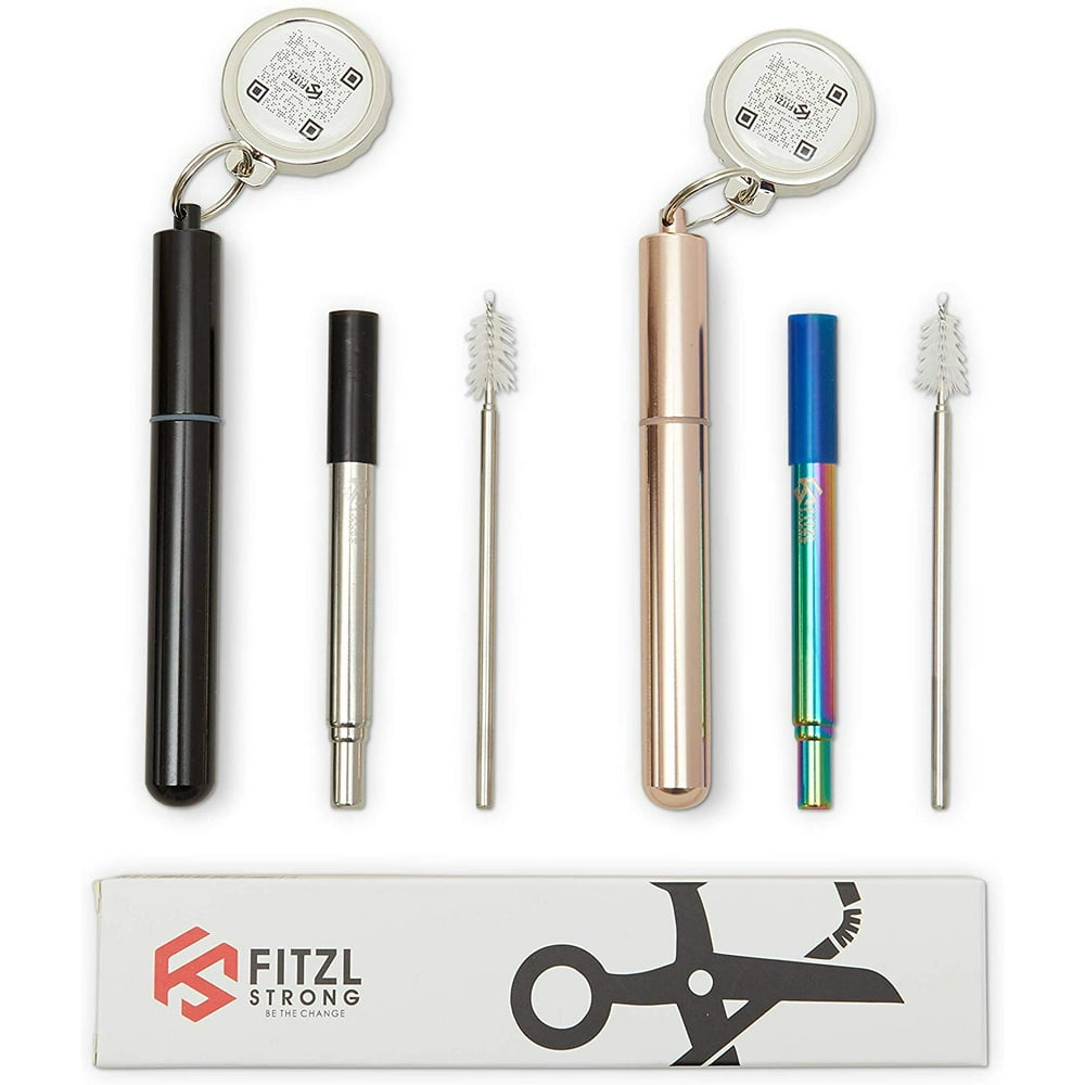 2 Pack Collapsible Metal Straws With Bottle Opener Keychain Reusable