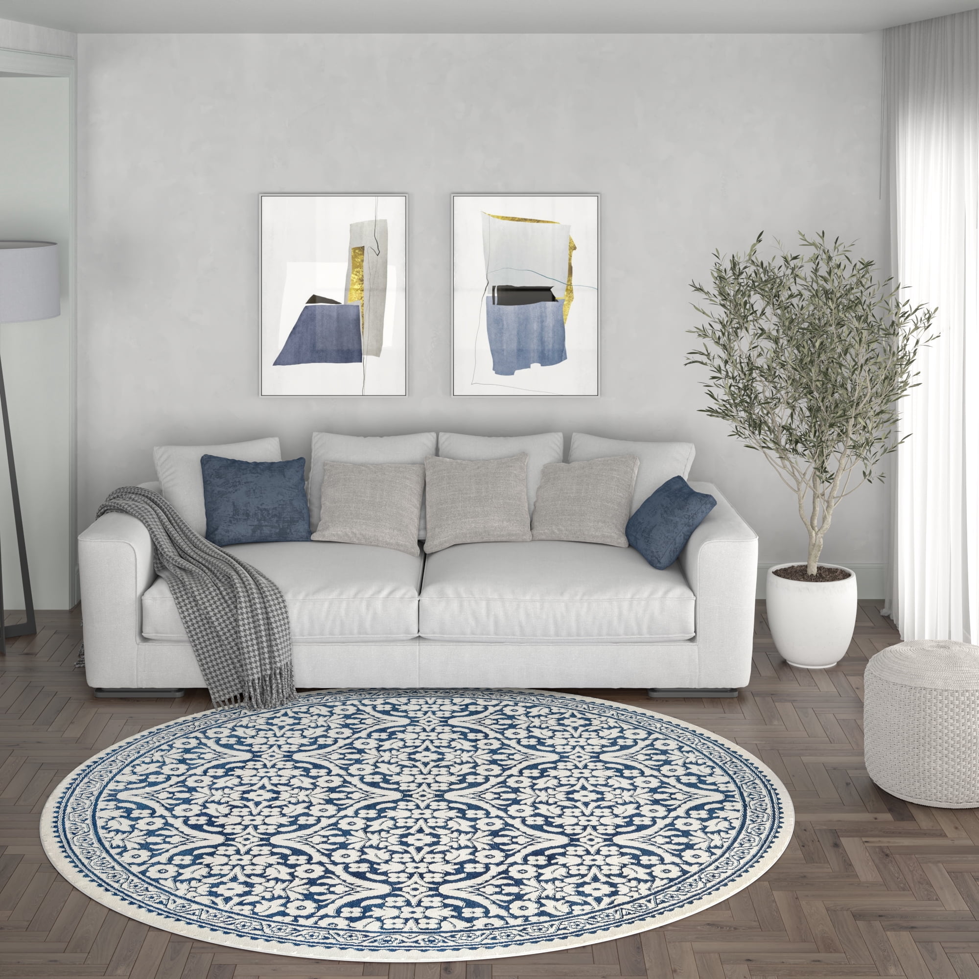 Madison Traditional 5' Round Dark Blue Polypropylene Indoor Area Rug