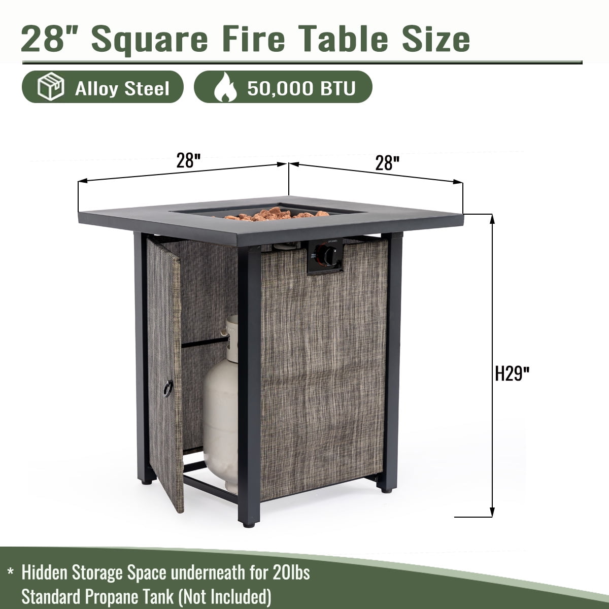 E-Western 28-Inch Propane Fire Pit Table with 50000 BTU Steel Square Design for Outdoor Patio Garden Courtyard Black