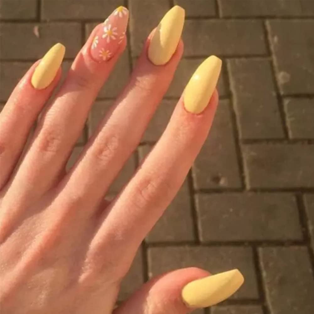 Press On Nails Short Coffin Fake Nails Yellow Daisy False Nails Acrylic Cute Nails Tips For Women And Girls 24 Pcs Walmart Com