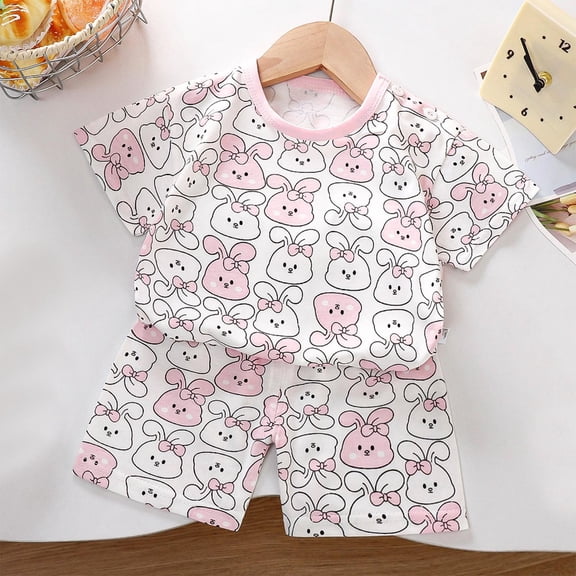 Pretxorve Kids Girls Boys Outfit Set Bunny Print Short Sleeve Top Elastic Waist Shorts Outfits Sizes 3Month-6Y