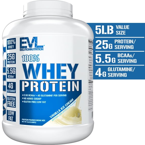 Protein Powder 25g - Evlution Nutrition 100% Whey Protein Powder 5 LB - No Sugar Added, Low Carb, Gluten Free - EVL Fast Absorbing Vanilla Protein Powder with BCAA and Glutamine