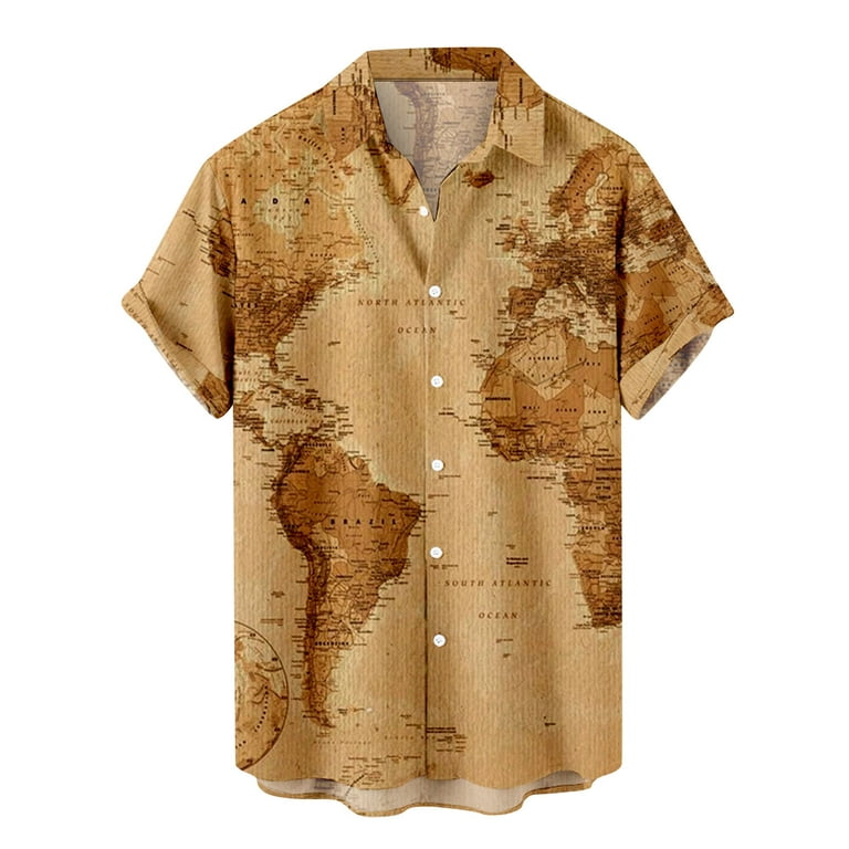 VSSSJ Button Down Shirts for Men Loose Fit Casual Button Down Short Sleeve  World Map Graphic Lapel Shirt Cozy Fashion Summer Hawaiian Tops Gold XXL