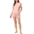 thumbnail image 1 of Conjunto de pijama de satén para mujer INSPIRE CHIC, camiseta de manga corta y pantalones cortos con bolsillos, color rosa, 1 of 5