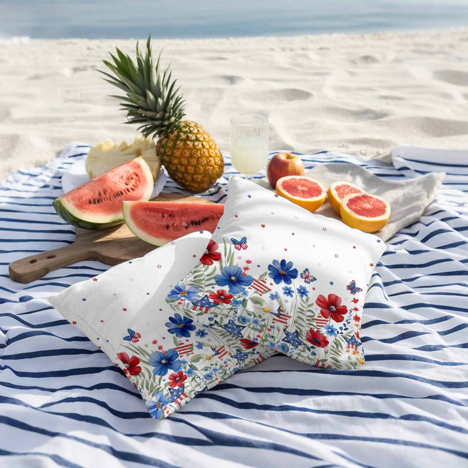 4th of July Outdoor Waterproof Throw Pillow Covers Set of 2 American Flag Butterfly Pillowcases Square Outdoor Pillows Cushion Case 18x18 Inch Red Blue Flowers Patio Pillows for Couch Sofa Bed