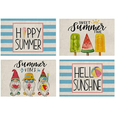 

SPXUBZ Placemats Blue and White Striped Gnome Popsicles Hello Sunshine Happy Summer 18x12 Inch Placemats for Family Table Holiday Decor Placemat Set of 4