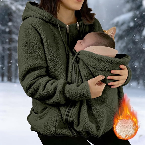 Baby Carrier Fleece Hoodie, Warm Sherpa Babywearing Sweatshirt with Integrated Front Pouch, Full Zip Hooded Jacket with Cozy Plush Lining, Maternity Hoodie for Fall Winter Walking and Daily Outings