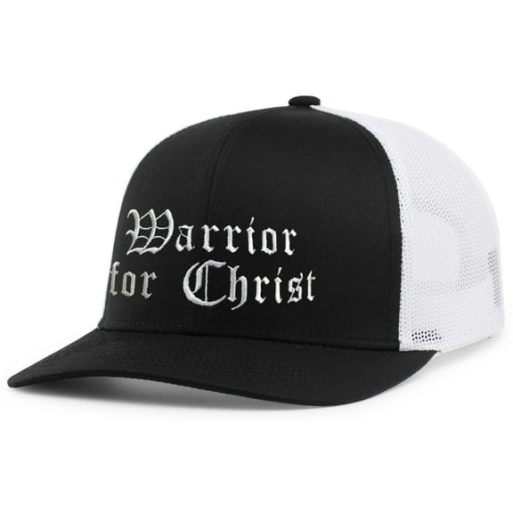 Mens Christian Hat Warrior for Christ Mens Christian Mesh Back Trucker Hat Baseball Cap-Black/White