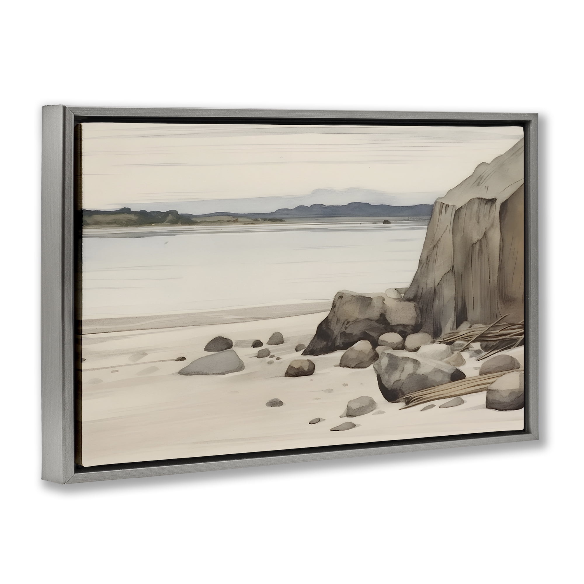 Stupell Industries Beach Cliff View Landscape & Nature Painting Gray Floater Framed Canvas Art Print Wall Art, 25 x 17