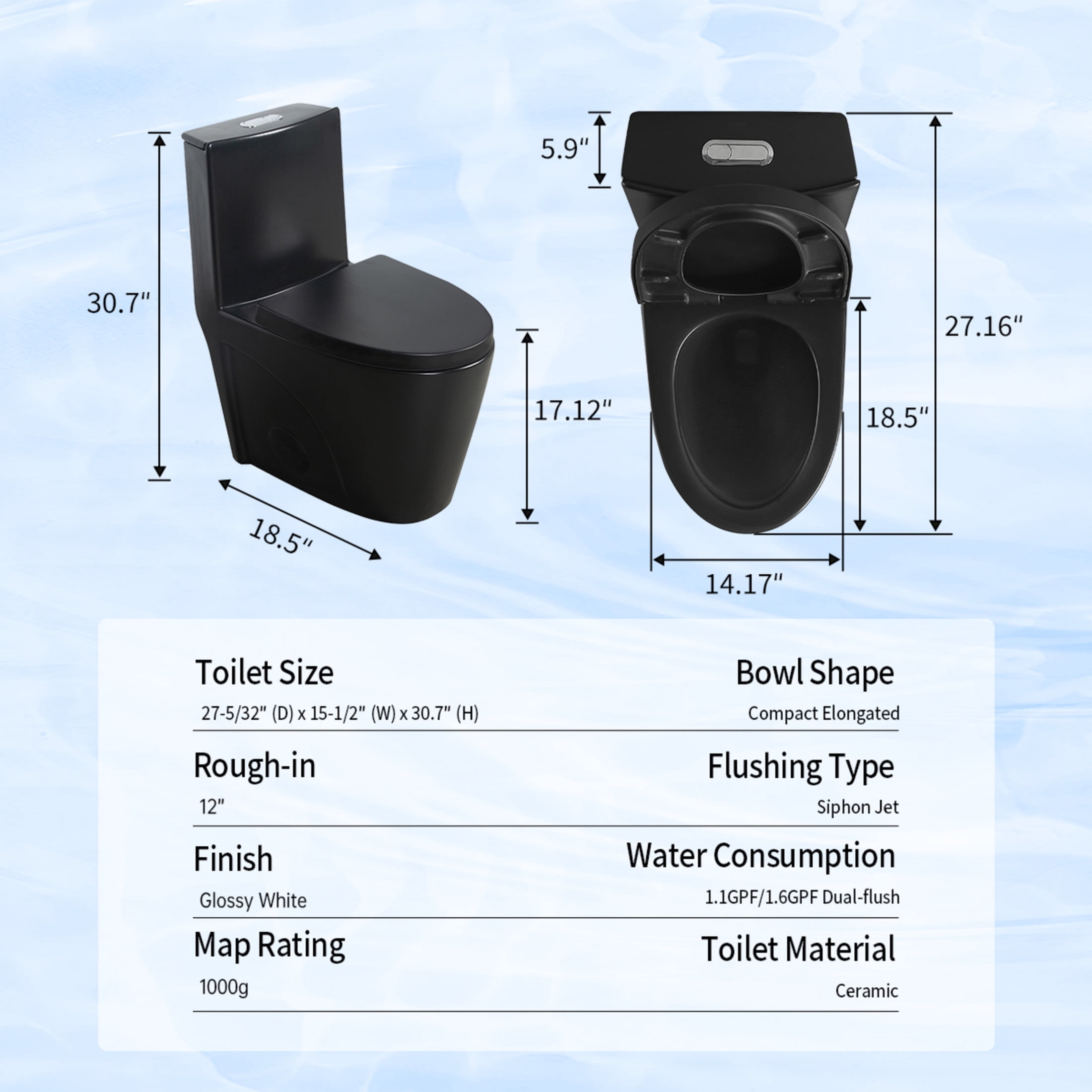 Noble House One-Piece Toilet, Elongated Comfort Bathroom Toilet with Soft-Closing Seat, Dual-Flush Siphon Jet, Black