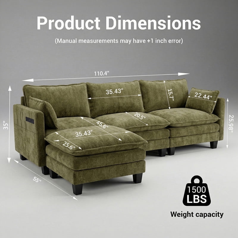 Howcool 110"W Modern Chenille Sectional Sofa with Ottoman,L-Shaped Modular Sofa Couch with USB Ports for Living Room,Green