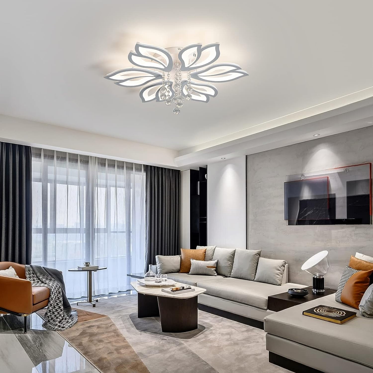 Garwarm Dimmable Modern Ceiling Light, 56W LED Flower Ceiling Lamp, White Acrylic Flower Light Fixture, 6-Head Flush Mount Chandelier Ceiling with Remote, Ideal for Bedroom Kitchen Dining Room