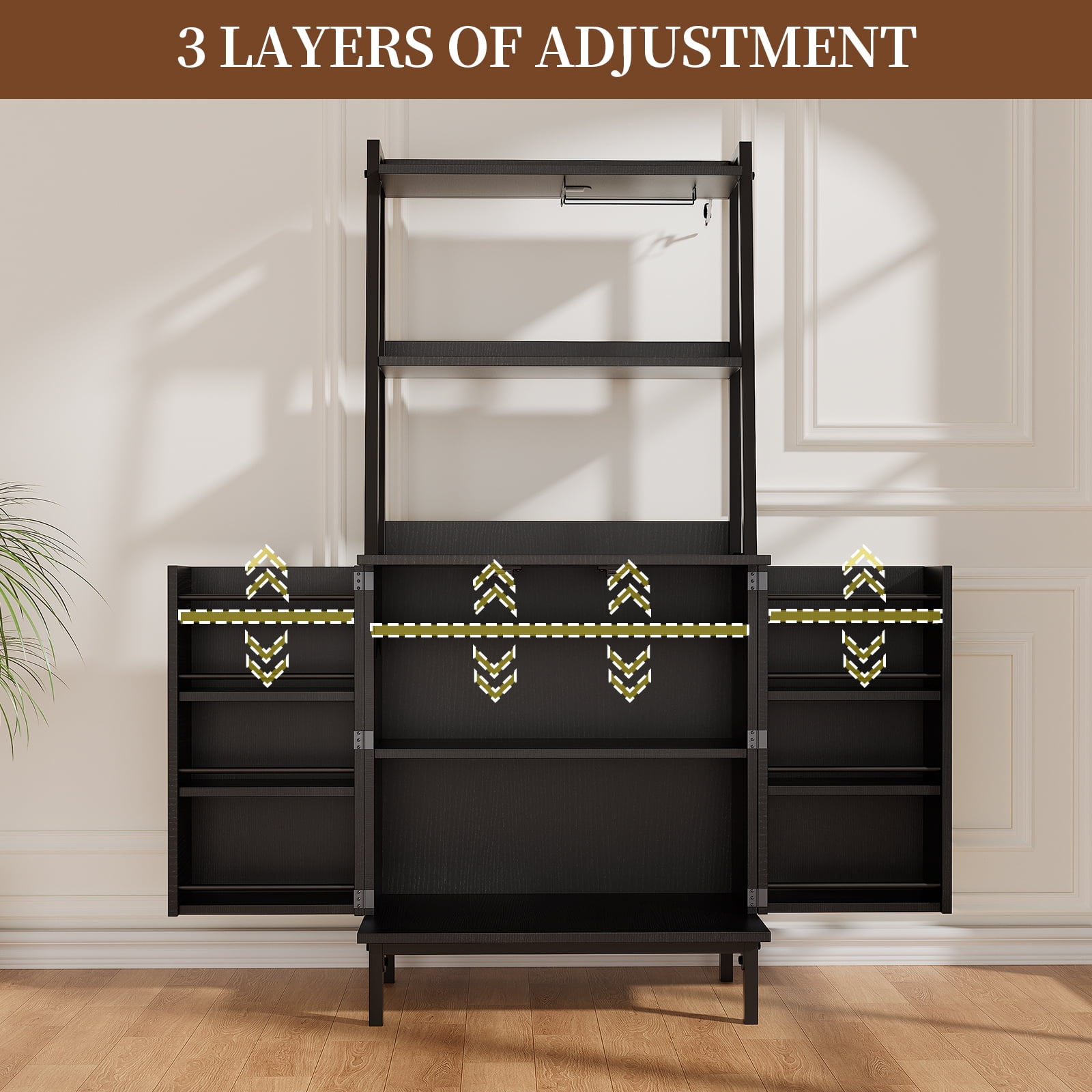 Casendy Kitchen Pantry with Microwave Stand and Storage Shelves, Farmhouse Kitchen Cupboard with Adjustable Shelves, Kitchen Buffet Cabinet with Door for Dining Room, Black