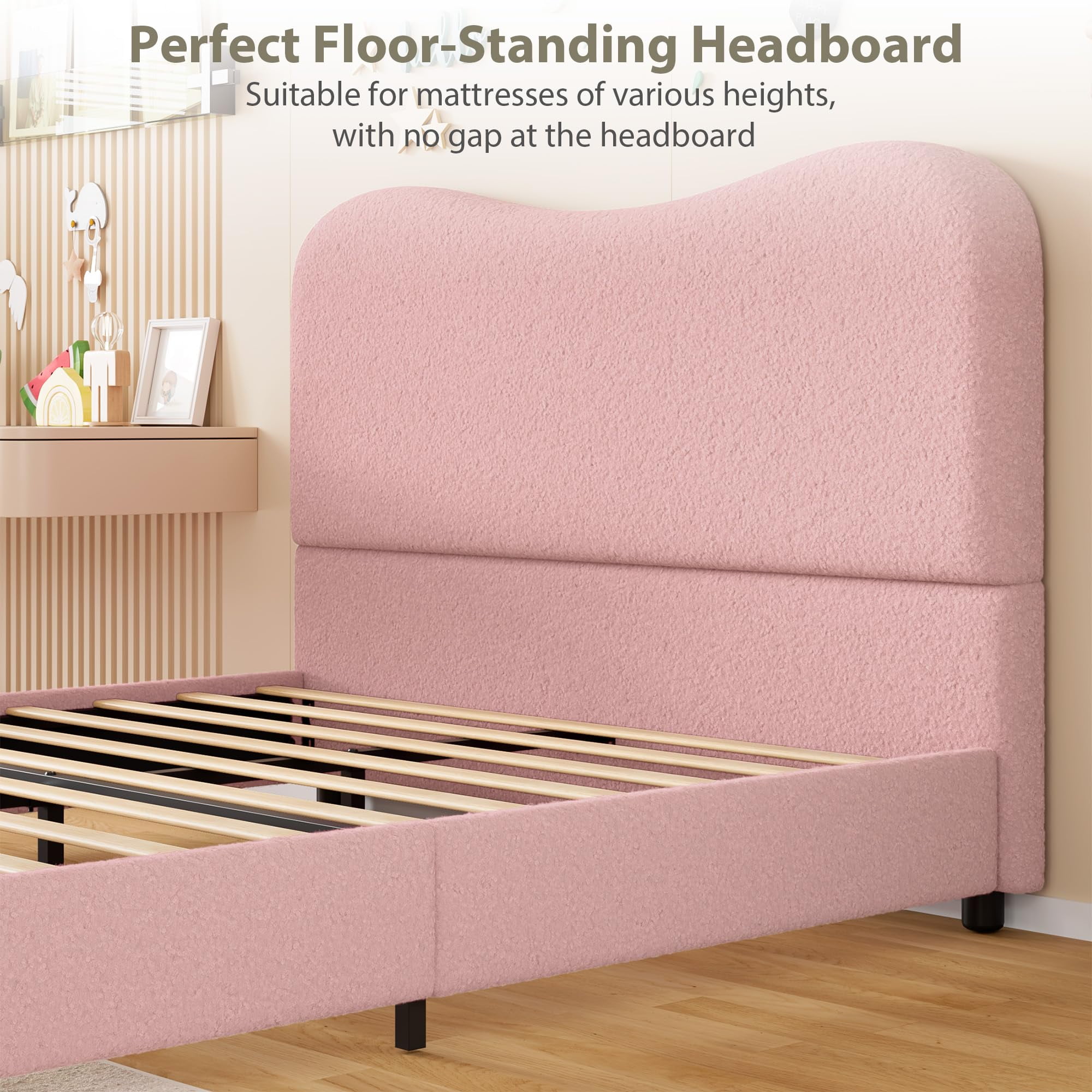 Twin/Full/Queen Size Wood Bed Frame for Bedroom with Velvet Upholstered Headboard, Cute Low Profile Platform Bed for Girls and Boys, No Box Spring Needed, Strong Wooden Slats, Noise Free